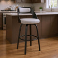 26" Gray And Black Faux Leather And Fabric And Iron Counter Height Swivel Bar Chair