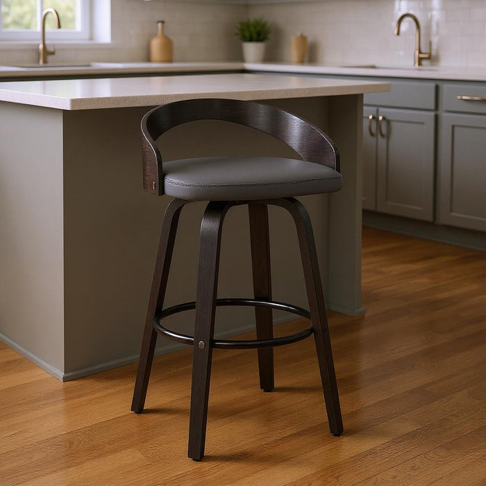 26" Gray And Black Faux Leather And Fabric And Iron Low Back Counter Height Swivel Bar Chair