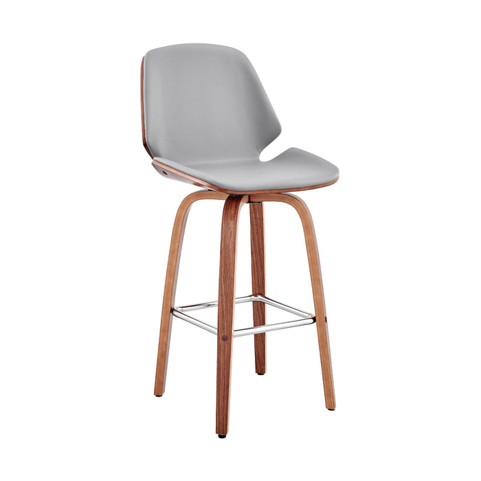 26" Gray And Brown Fabric And Wood Counter Height Swivel Bar Chair