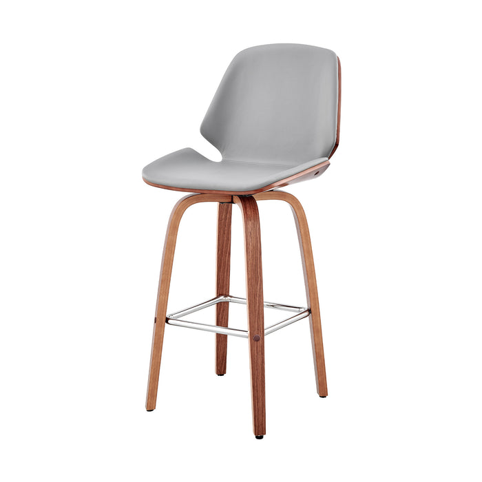 26" Gray And Brown Fabric And Wood Counter Height Swivel Bar Chair