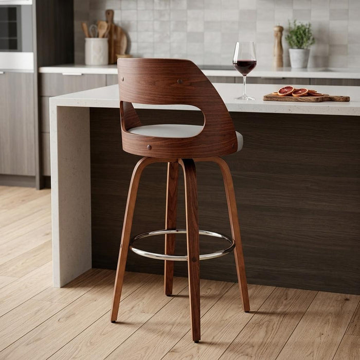 26" Gray And Brown Faux Leather And Fabric And Wood Counter Height Swivel Bar Chair