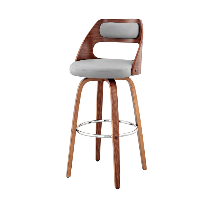 26" Gray And Brown Faux Leather And Fabric And Wood Counter Height Swivel Bar Chair
