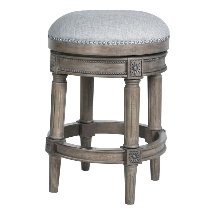 26" Gray Fabric And Solid Wood Backless Counter Height Swivel Bar Chair