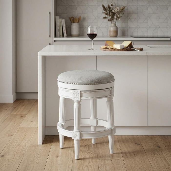 26" White Fabric And Solid Wood Backless Counter Height Swivel Bar Chair