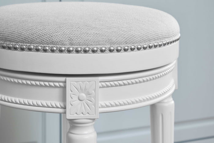 26" White Fabric And Solid Wood Backless Counter Height Swivel Bar Chair