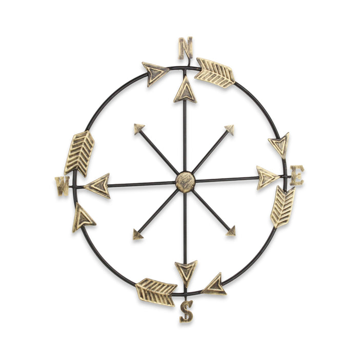 26" X 25" Brass and Black Metal Distressed Compass Wall Decor