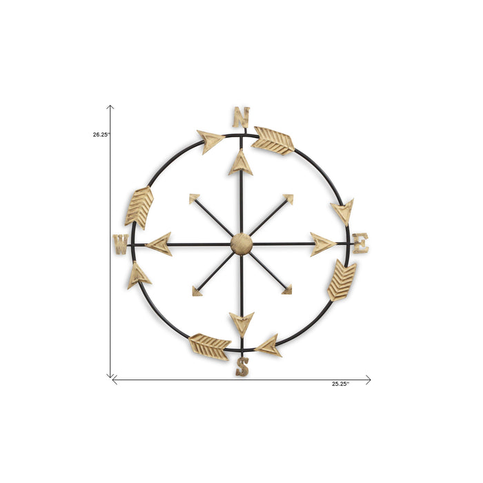 26" X 25" Brass and Black Metal Distressed Compass Wall Decor