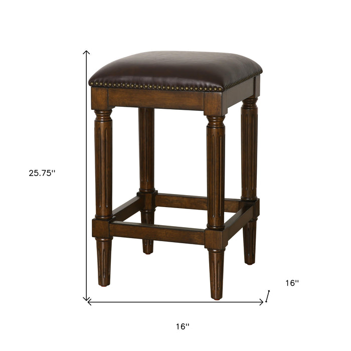 27" Brown And Dark Brown Fabric And Solid Wood Backless Counter Height Bar Chair