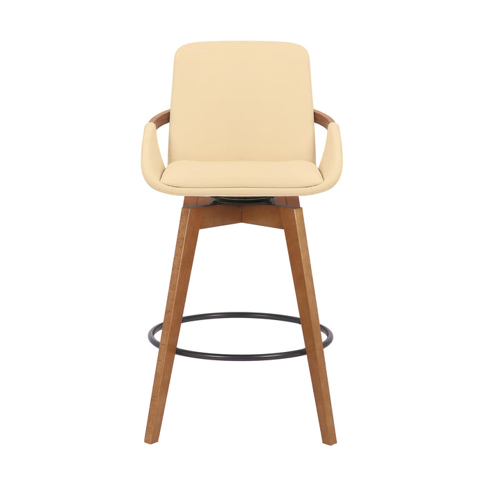 27" Cream And Brown Fabric And Iron Counter Height Swivel Bar Chair