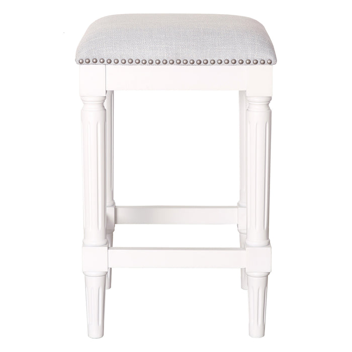 27" Gray And Antiqued White Fabric And Solid Wood Backless Counter Height Bar Chair
