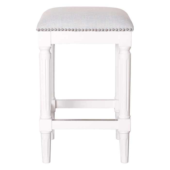 27" Gray And Antiqued White Fabric And Solid Wood Backless Counter Height Bar Chair