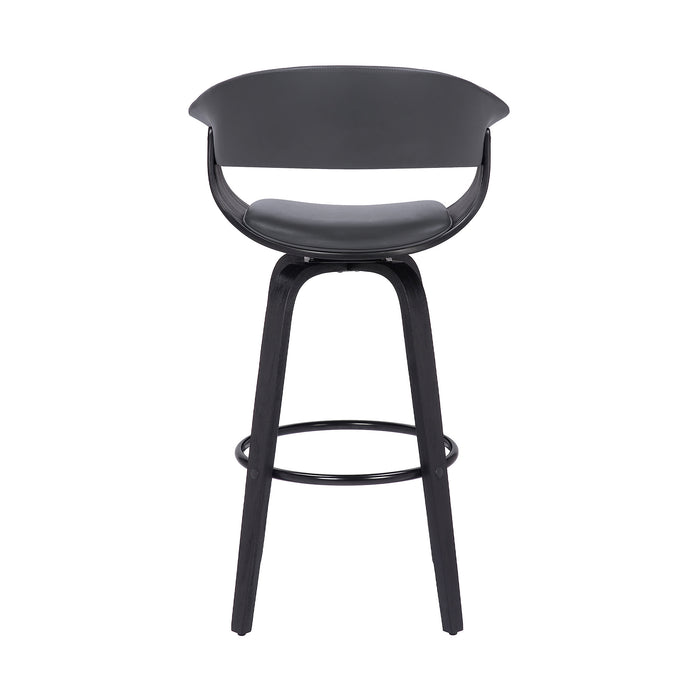 27" Gray And Black Faux Leather And Fabric And Solid Wood Low Back Counter Height Swivel Bar Chair