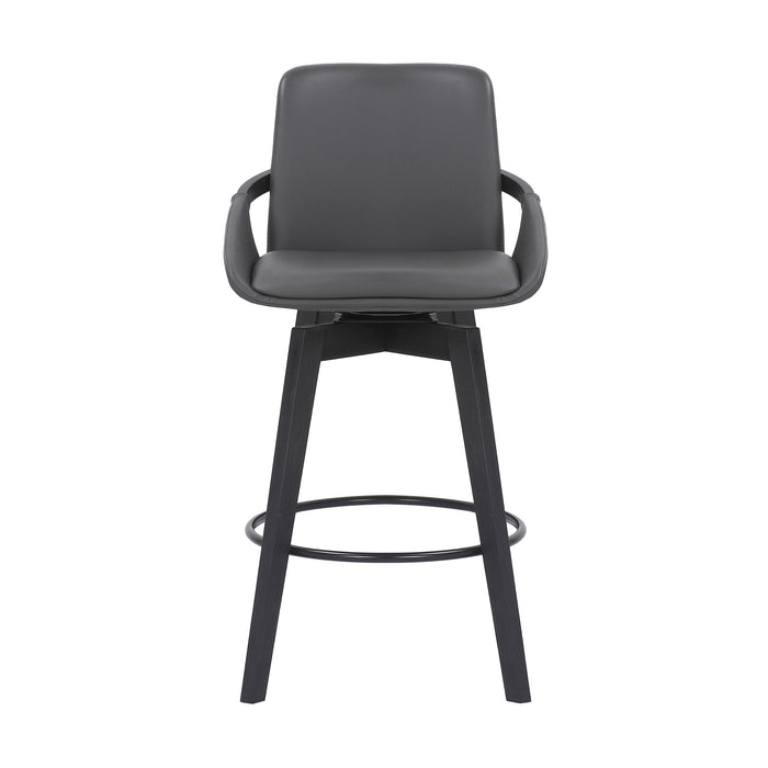 27" Gray And Black Faux Leather And Wood Low Back Bar Height Swivel Bar Chair