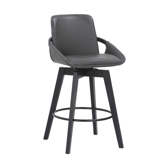 27" Gray And Black Faux Leather And Wood Low Back Bar Height Swivel Bar Chair