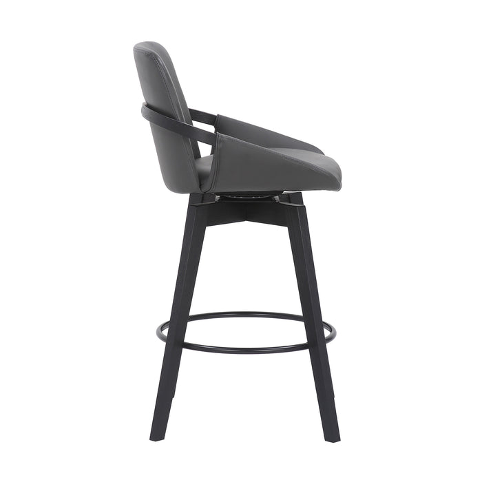 27" Gray And Black Faux Leather And Wood Low Back Bar Height Swivel Bar Chair