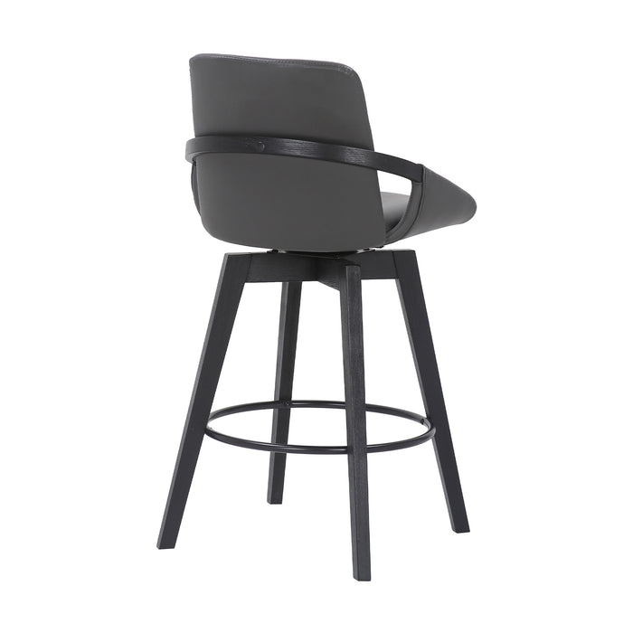 27" Gray And Black Faux Leather And Wood Low Back Bar Height Swivel Bar Chair