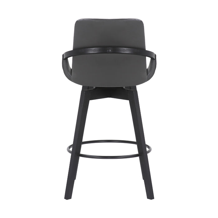 27" Gray And Black Faux Leather And Wood Low Back Bar Height Swivel Bar Chair