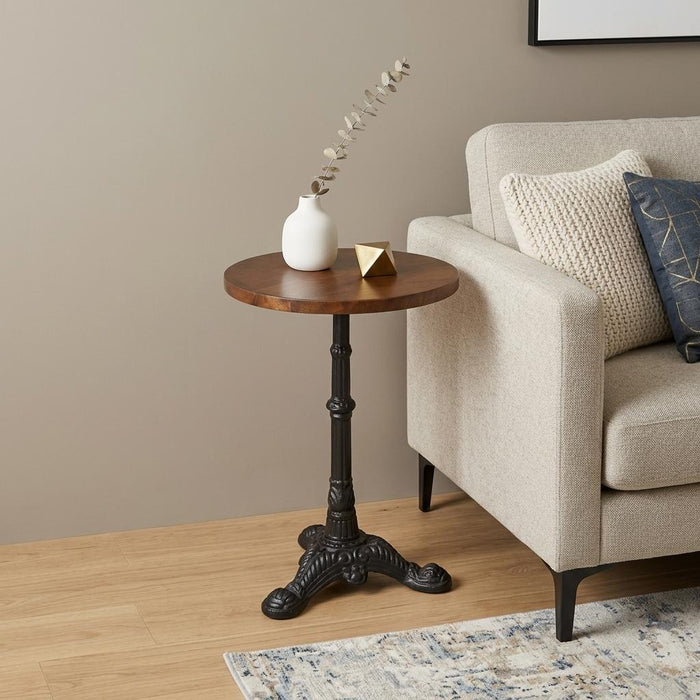 28" Black And Wood Brown Solid Wood And Iron Round End Table