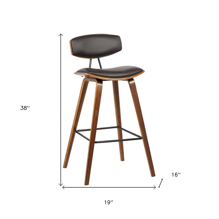 29" Brown Faux Leather And Wood Low Back Bar Height Bar Chair