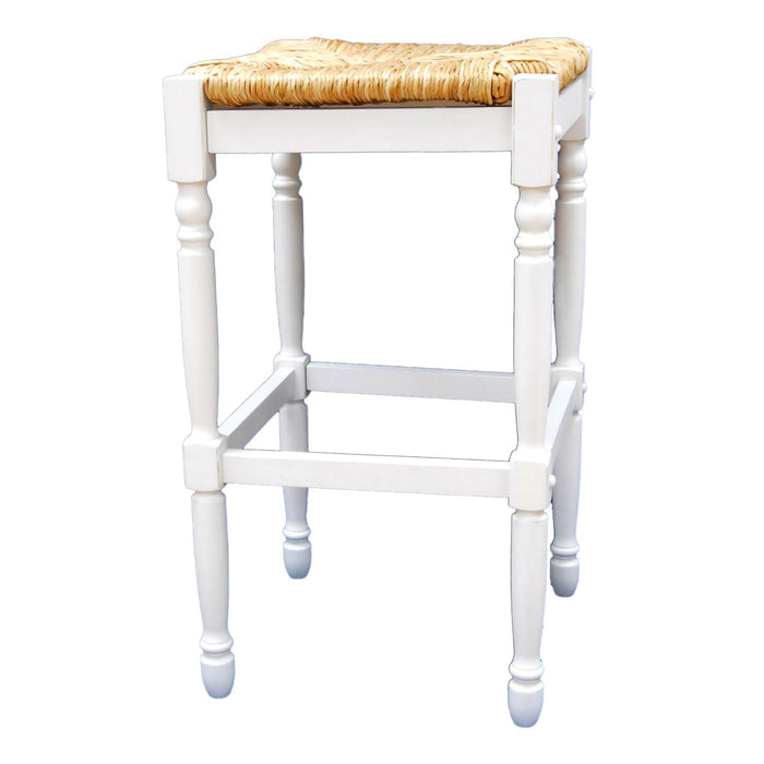 29" Natural And Antiqued White Rush And Solid Wood Backless Bar Height Bar Chair