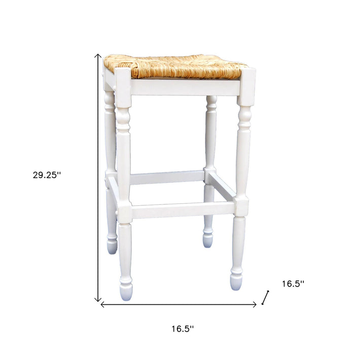 29" Natural And Antiqued White Rush And Solid Wood Backless Bar Height Bar Chair