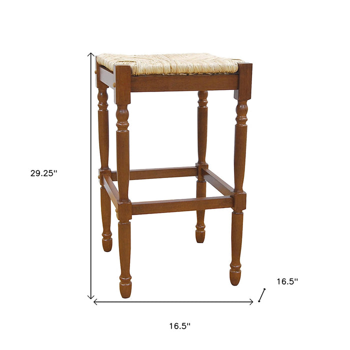 29" Natural And Brown Rush And Solid Wood Backless Bar Height Bar Chair