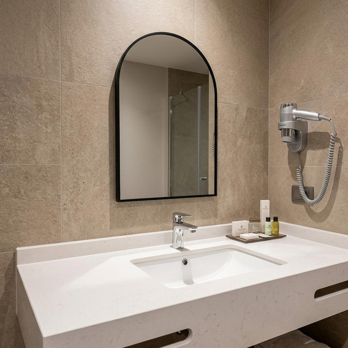 30" Black Aluminum Arch Framed Anti Fog Accent Mirror