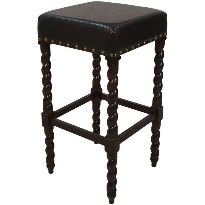 30" Black And Espresso Faux Leather And Fabric And Solid Wood Backless Bar Height Bar Chair