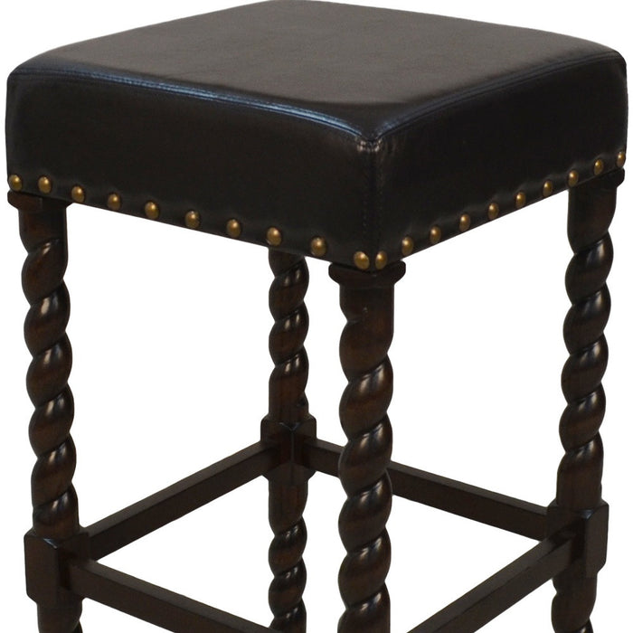 30" Black And Espresso Faux Leather And Fabric And Solid Wood Backless Bar Height Bar Chair
