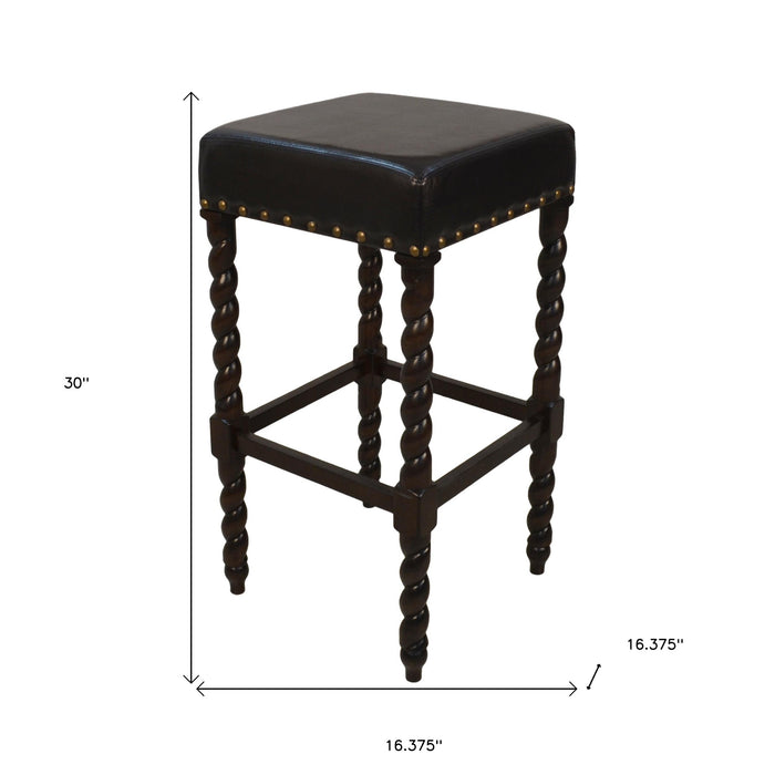 30" Black And Espresso Faux Leather And Fabric And Solid Wood Backless Bar Height Bar Chair
