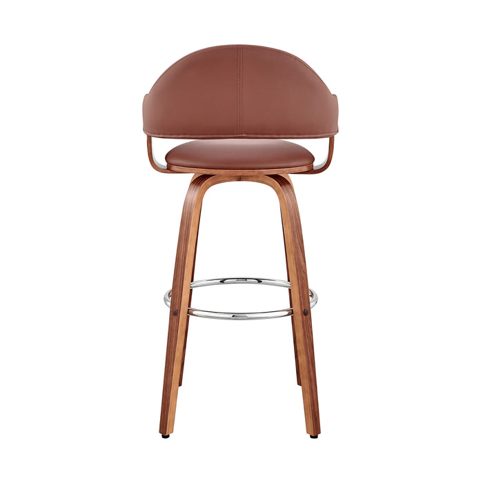 30" Brown Fabric And Wood Low Back Bar Height Swivel Bar Chair