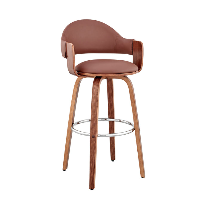 30" Brown Fabric And Wood Low Back Bar Height Swivel Bar Chair