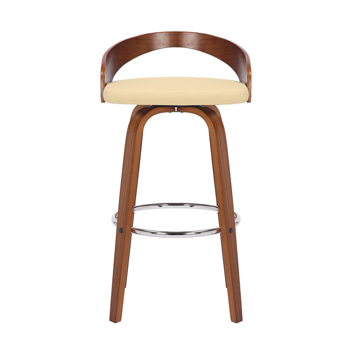 30" Cream And Brown Faux Leather And Fabric And Solid Wood Low Back Bar Height Swivel Bar Chair