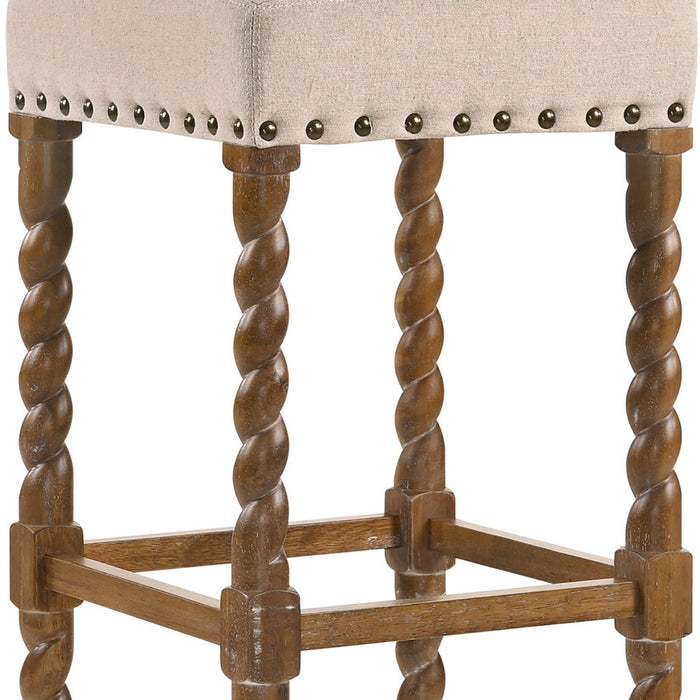 30" Cream And Natural Fabric And Solid Wood Backless Bar Height Bar Chair