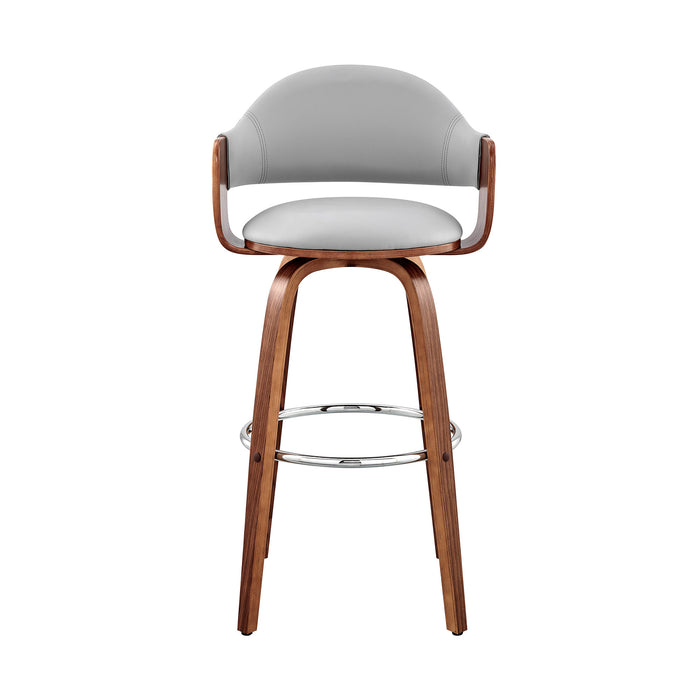 30" Gray And Brown Fabric And Wood Low Back Bar Height Swivel Bar Chair