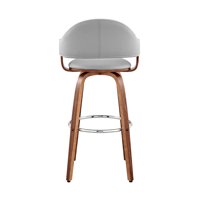 30" Gray And Brown Fabric And Wood Low Back Bar Height Swivel Bar Chair