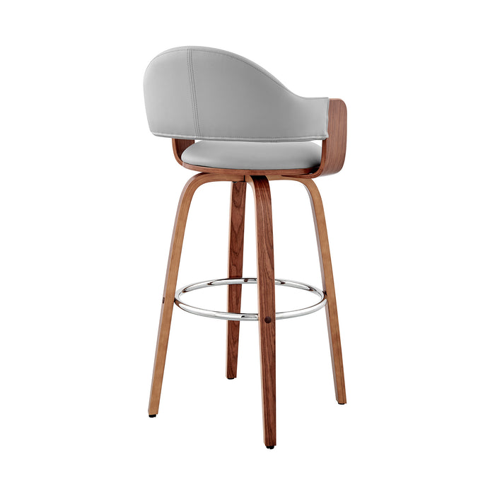 30" Gray And Brown Fabric And Wood Low Back Bar Height Swivel Bar Chair