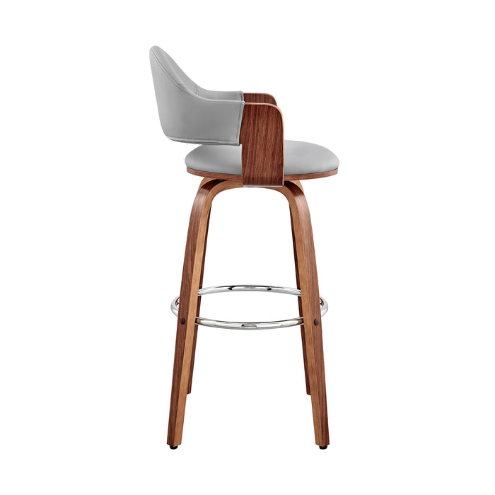 30" Gray And Brown Fabric And Wood Low Back Bar Height Swivel Bar Chair