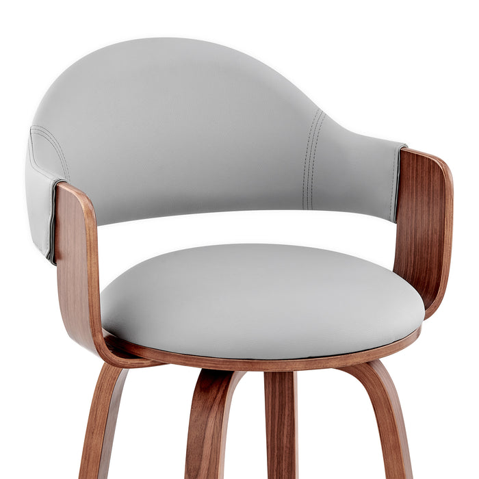 30" Gray And Brown Fabric And Wood Low Back Bar Height Swivel Bar Chair