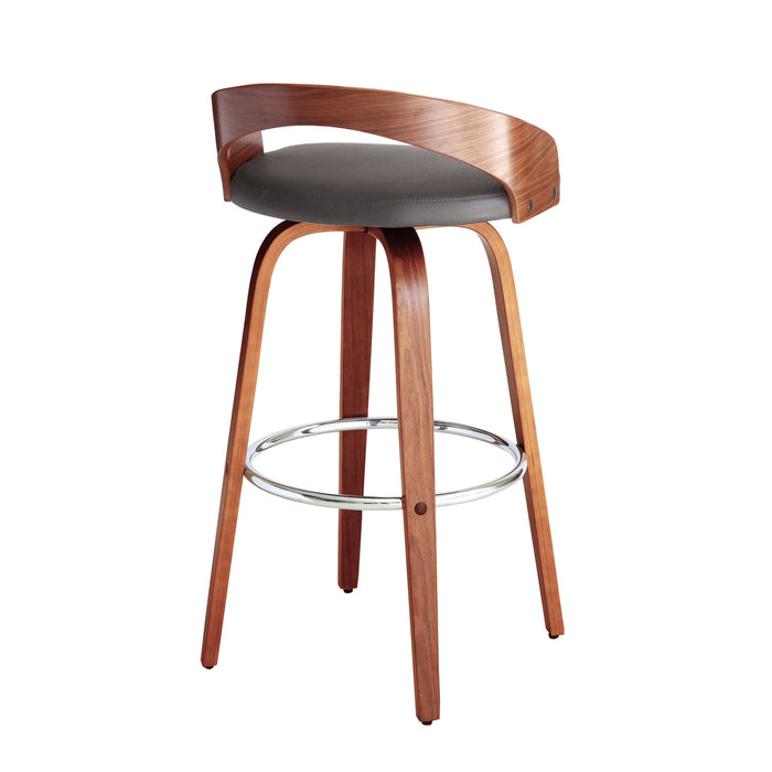 30" Gray And Brown Faux Leather And Fabric And Iron Low Back Bar Height Swivel Bar Chair