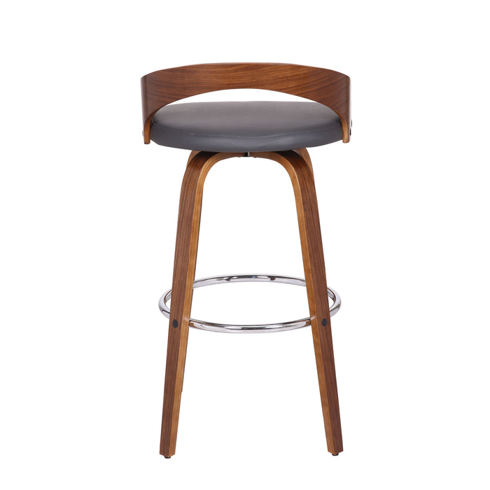 30" Gray And Brown Faux Leather And Fabric And Iron Low Back Bar Height Swivel Bar Chair