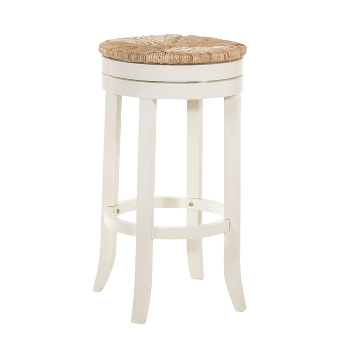 30" Natural And Antiqued White Rush And Solid Wood Backless Bar Height Swivel Bar Chair