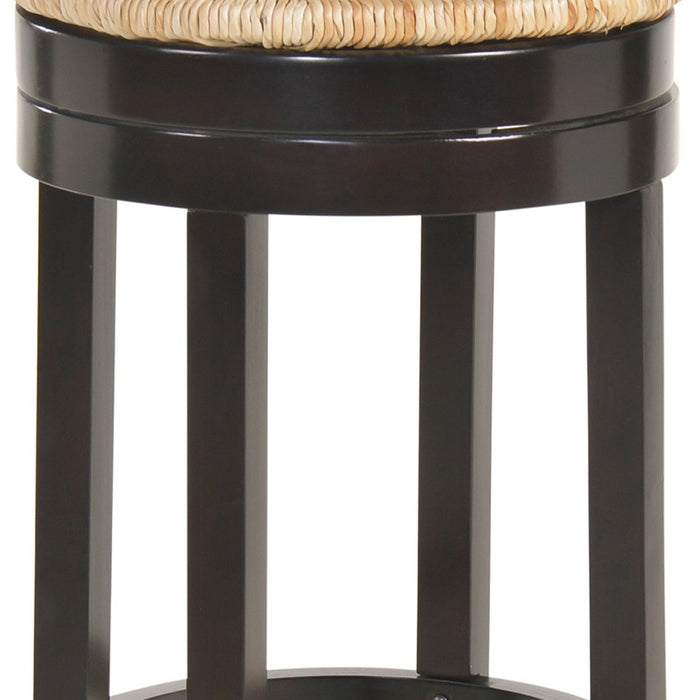 30" Natural And Espresso Rush And Solid Wood Backless Bar Height Swivel Bar Chair