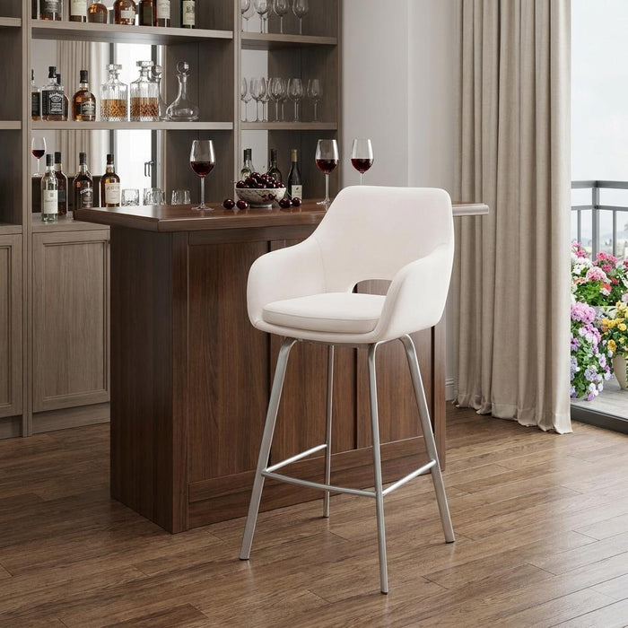 30" White And Silver Fabric And Iron Low Back Bar Height Swivel Bar Chair