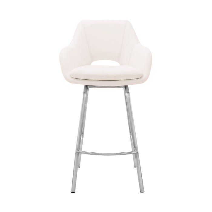 30" White And Silver Fabric And Iron Low Back Bar Height Swivel Bar Chair