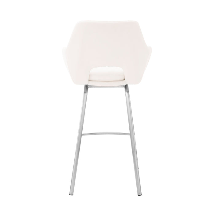 30" White And Silver Fabric And Iron Low Back Bar Height Swivel Bar Chair
