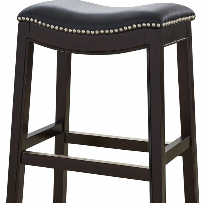 31" Black And Espresso Faux Leather And Solid Wood Backless Bar Height Bar Chair