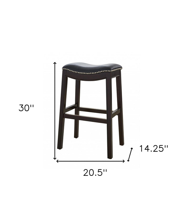 31" Black And Espresso Faux Leather And Solid Wood Backless Bar Height Bar Chair