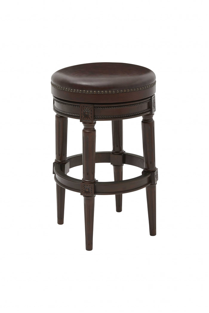 31" Brown Faux Leather And Solid Wood Backless Counter Height Swivel Bar Chair