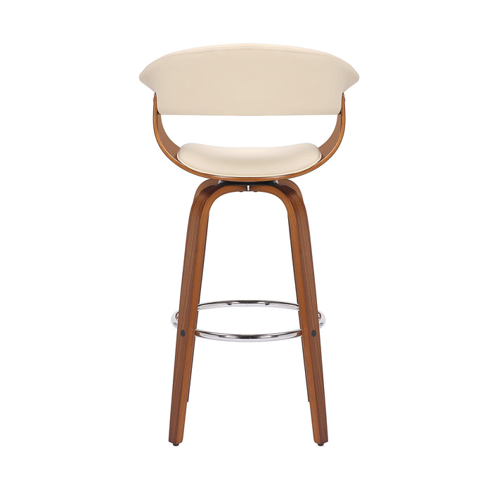 31" Cream And Brown Faux Leather And Fabric And Solid Wood Low Back Bar Height Swivel Bar Chair